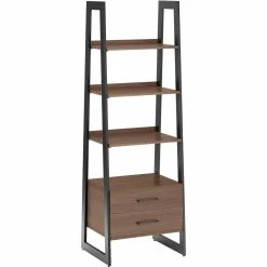 Brand new 🔔 Simpli Home Sawhorse Solid Walnut Veneer And Metal Ladder Shelf With Storage ⌛